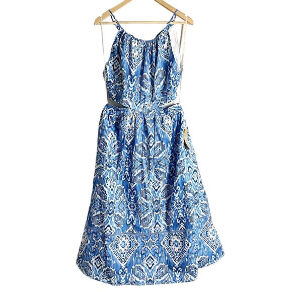 O.P.T. Blue Aztec Kaleidoscope Print Sleeveless Cut Out A-Line Midi Dress Size 6 - Picture 1 of 12